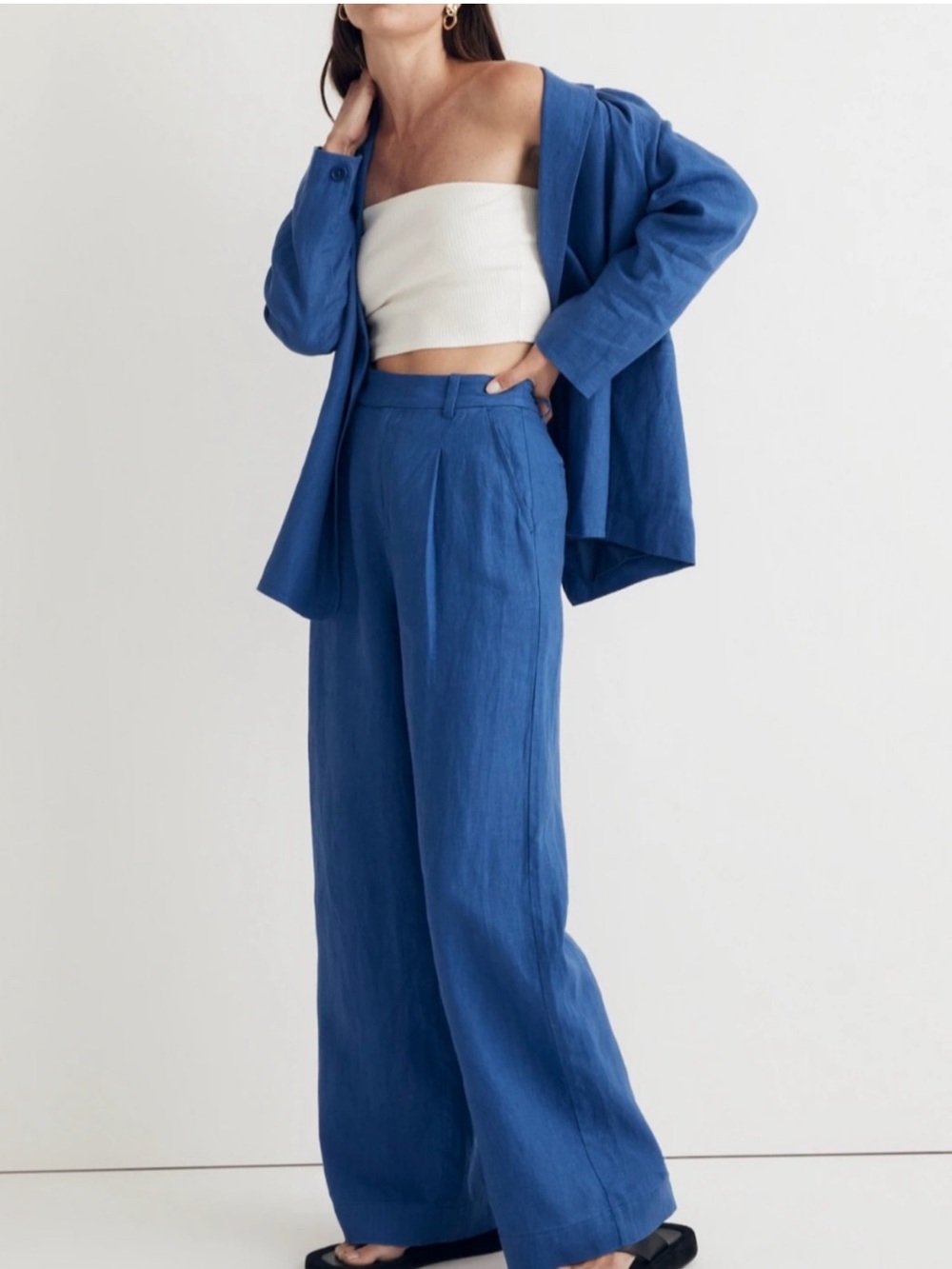 Madewell Womens  The Harlow Wide Leg Linen Pant, Blue